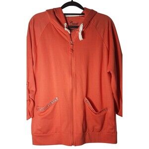 Onque Casuals Women’s Orange Zip Hoodie Jacket Small Rhinestone Trim Pockets